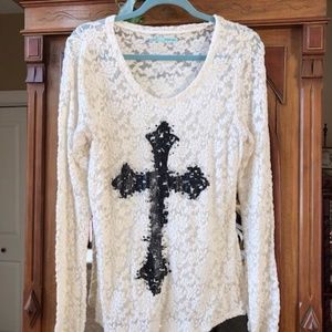 Maurices detailed white Lacey shirt w/cross.  M.